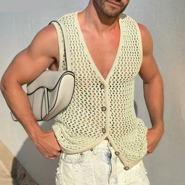 AIDASE  -  Mesh Men Tank Tops Sleeveless Sexy Tops Tee Summer V Neck Buttons Tops Streetwear Vests Oversize S-3XL Men's Clothing aidase-shop